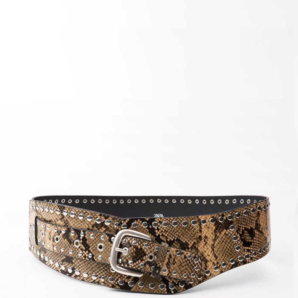 Zara Brown Snake Print Belt with Silver Accents